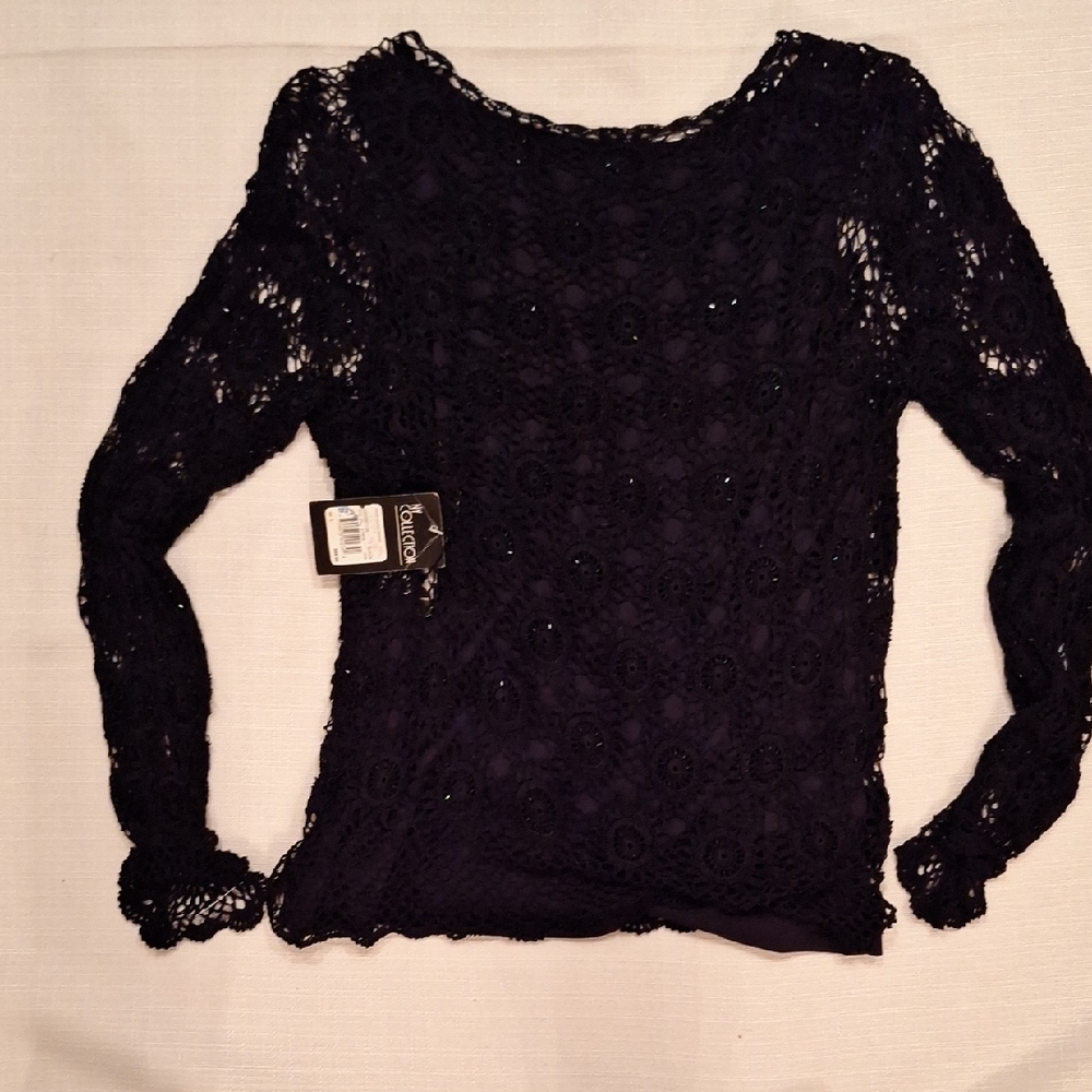 Collection B Black Crochet Lace Long Sleeve Top with Scoop Neck - Picture 3 of 9